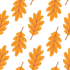 Vibrant seamless oak leaf pattern in bold orange and yellow tones on white background, ideal for autumn-themed textile and surface use