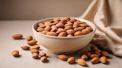 Bowl of Almonds with Scattered Nuts on a Neutral Surface