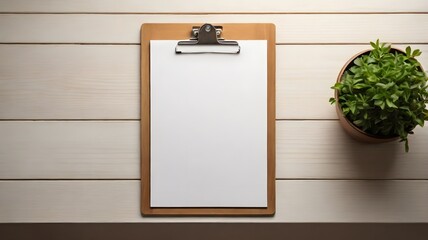 Simple Wooden Clipboard with Blank Paper on White Planked Surface