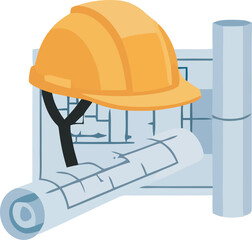 Construction helmet resting on architectural blueprints, symbolizing planning and safety in building projects.