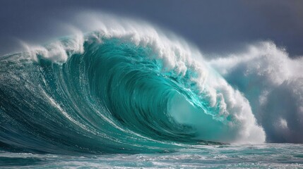 Immense turquoise wave curls majestically, ocean spray
