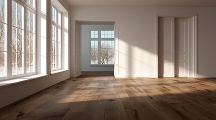 Obraz premium Modern interior with elegant wooden flooring in a bright, minimalist space showcasing natural light and sleek design features