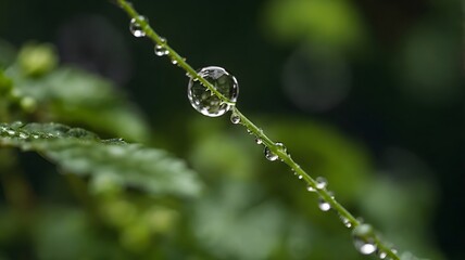Macro Shot of Water Droplets on Green Stem with Blurred Background