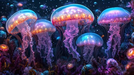 Magical underwater world with glowing jellyfish