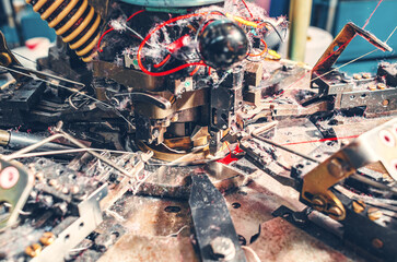 Quality view of a sock knitting machine in operation. Machinery and equipment in textile...