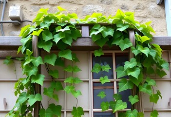 Vibrant green ivy vines gracefully climbing and draping over an old stone building window.