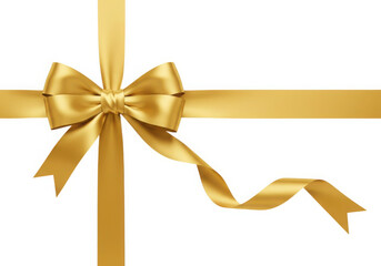 Elegant gold ribbon bow tied gift decoration isolated on transparent background