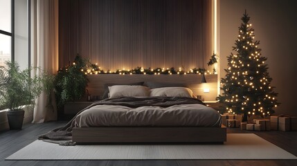 Modern Christmas bedroom with minimalist decor and serene atmosphere