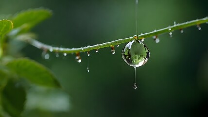 Dewdrop Reflection: A delicate water droplet clings to a green stem, mirroring the surrounding foliage.
