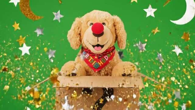 Celebration Surprise: Dog Toy Popping Out of Mystery Box with Confetti on Green Screen