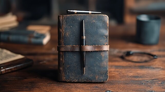 Vintage leather-bound journal with pen