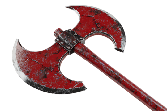 Rusty, double headed axe isolated on black background.