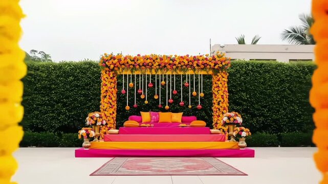 beautiful Indian wedding mandap, adorned with vibrant orange and pink flowers.  The intricate floral arrangements and colorful cushions create a festive and romantic atmosphere.