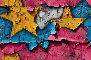 Red, blue and yellow stars grunge wallpaper, repetitive samaless texture on vintage scratched wall