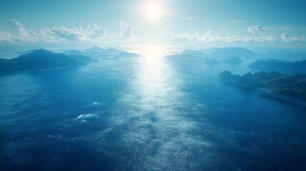 Aerial view of a vast serene ocean with scattered islands