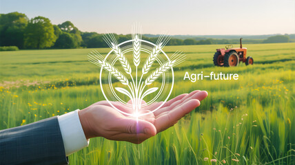 A digital composite image of a hand holding a glowing holographic symbol against a rural agricultural landscape.