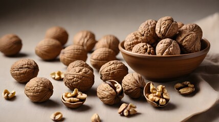 Walnuts in a bowl and scattered on a table, some cracked open, studio shot