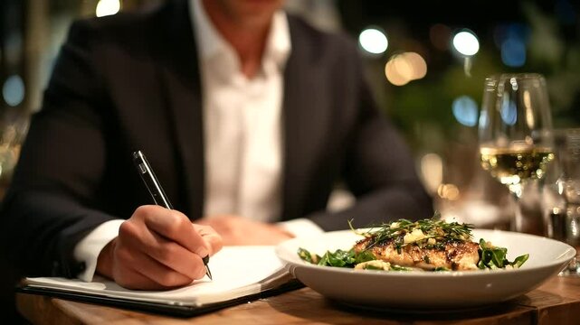A close-up of a food critic taking notes while elegantly sampling dishes under soft table lighting