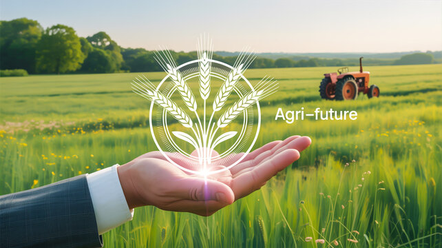 A digital composite image of a hand holding a glowing holographic symbol against a rural agricultural landscape.