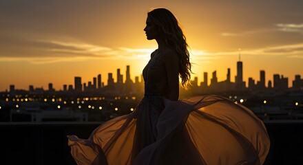 Woman silhouette city skyline golden hour fashion dress sunset urban landscape beauty elegance style pose