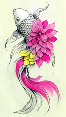 Artistic Koi Fish with Vibrant Pink and Yellow Floral Scales