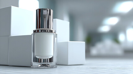 Elegant glass cosmetic bottle with silver cap, placed beside white cubes on a textured surface, showcasing beauty product in a modern, minimalistic setting