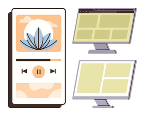 Multimedia interface with mobile music player featuring playback controls and lotus art, alongside two desktop monitors displaying grid layouts. Ideal for technology, media, productivity, design, app