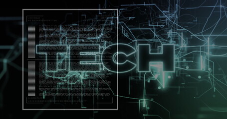Displaying glowing TECH text floating in virtual interface, with neon circuit lines and code window