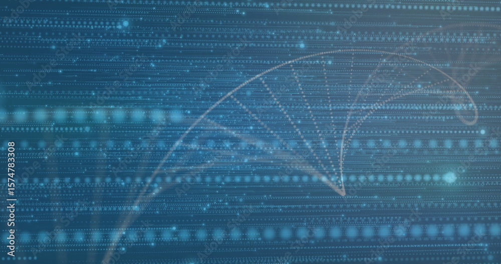 Poster sweeping white helix arcing across virtual data grid, with binary sequences, dotted lines and orbs