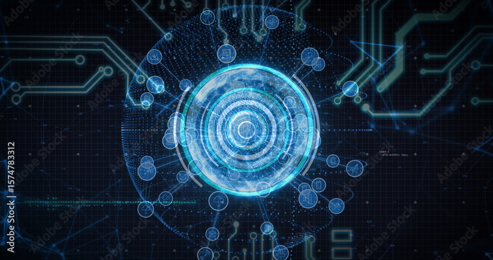 Poster Displaying holographic circular interface and network nodes over grid, with dotted lines and traces