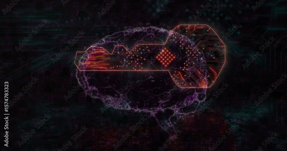 Poster neon brain outline hovering in digital network grid, with key circuit design and reflective floor