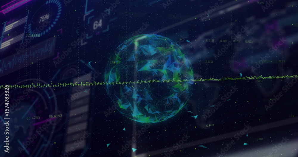 Poster displaying wireframe sphere on dark interface, with triangular particles and horizontal waveform