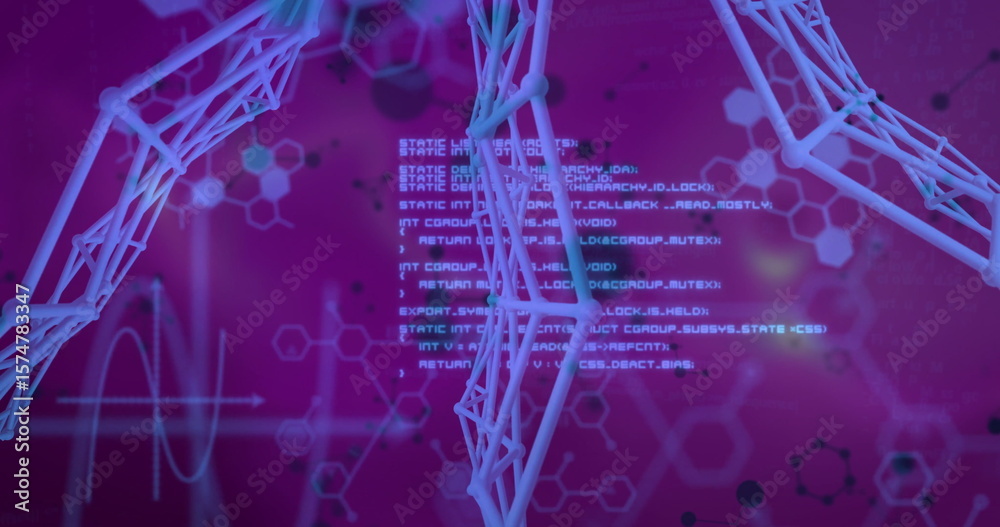 Poster floating cyan 3d molecular lattice in data interface, with code, hex icons, waveform, data nodes