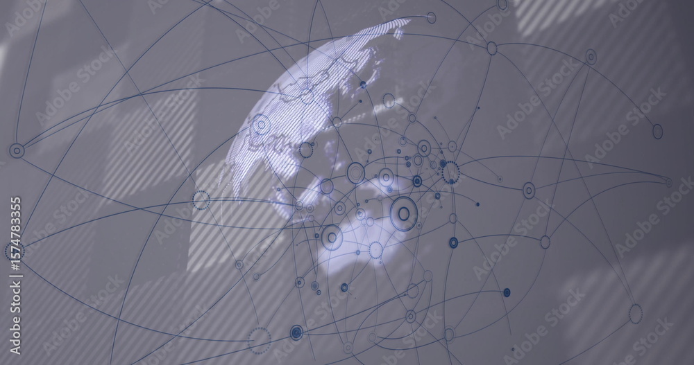 Poster displaying globe projection with circular nodes and network lines on wall with diagonal stripes