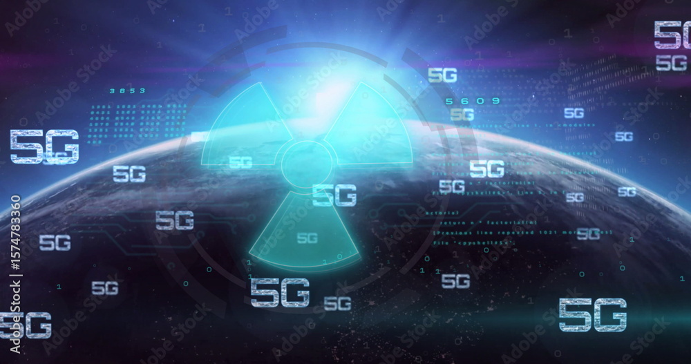 Poster rendering glowing hazard sign in orbit above earth, showing floating 5g holograms and binary code