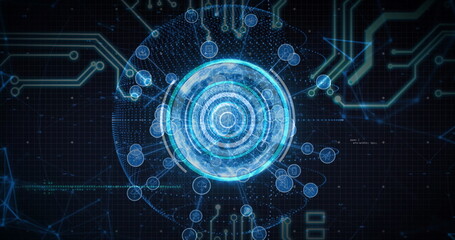 Displaying holographic circular interface and network nodes over grid, with dotted lines and traces