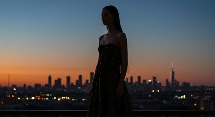 Woman dress skyline city lights sunset evening fashion model urban cityscape silhouette beauty rooftop