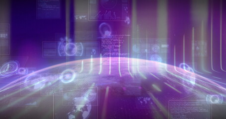 Displaying holographic Earth hemisphere floating in virtual interface, with panels and light beams