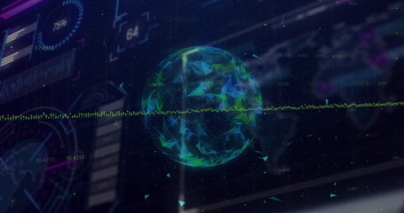 Displaying wireframe sphere on dark interface, with triangular particles and horizontal waveform