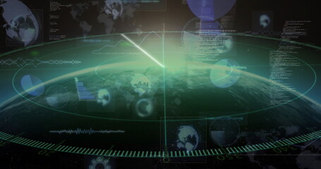 Displaying Earth globe with green radial grid in HUD from orbit, with concentric rings, bar charts