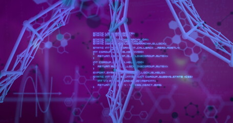 Floating cyan 3D molecular lattice in data interface, with code, hex icons, waveform, data nodes