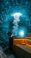Ice cave sauna experience blue light wooden bench relaxation steam escape unique spa retreat design