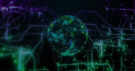 Floating polygonal digital sphere in data grid, glowing circuit lines, network nodes, particles