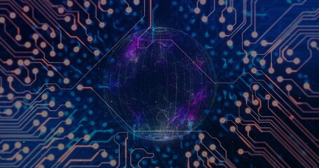 Floating wireframe sphere glowing purple and blue against circuit board traces, with luminous nodes