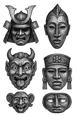 Ancient Cultural Masks from Around the World in Vintage Engraving Style – Tribal, Ritual, and Mythological Mask Collection – Transparent Background