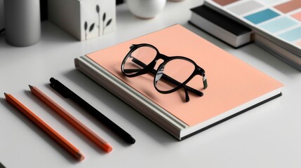 Minimalist Workspace Still Life Featuring Notebook, Eyeglasses, Pencils, and Color Palette on a White Desk Surface, Evoking Creativity and Productivity.