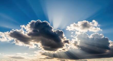 Sun Rays Shining Through Dramatic Clouds Creating Heavenly Light Beams Across Blue Sky