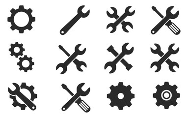 Tools Service Icons Set Wrench Screwdriver Gear Glyph Vector