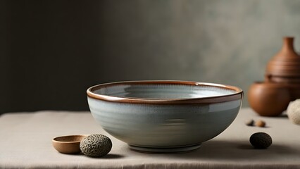 Ceramic Bowl with Brown Rim and Textured Stone on Neutral Surface