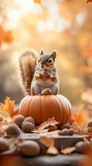 Squirrel Holding Nut on Pumpkin in Autumn